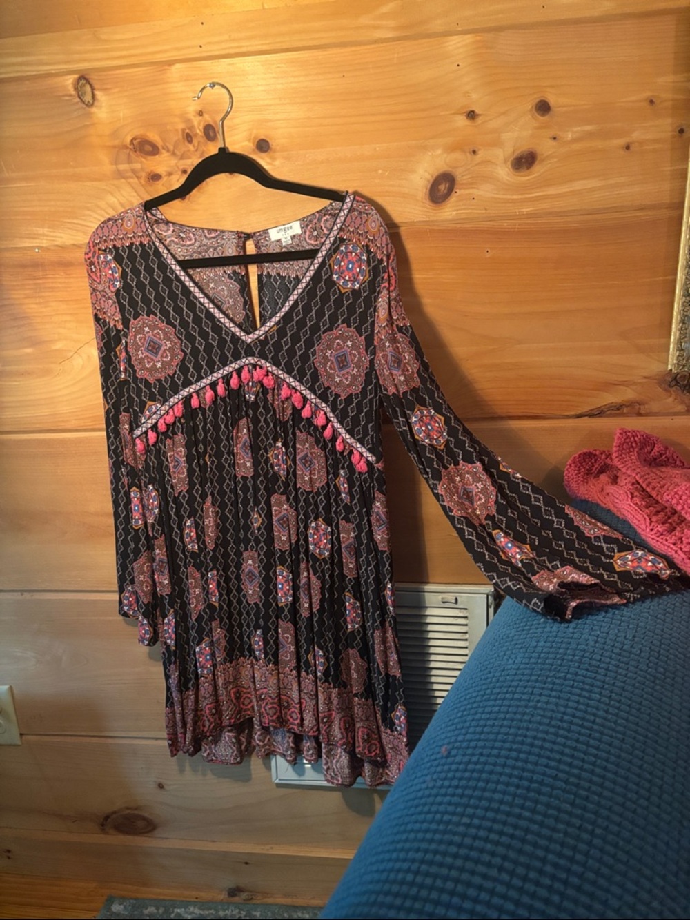 Umgee Black Midi Dress with Pink Tassel Detailing